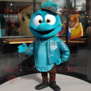 Teal Tikka Masala mascot costume character dressed with a Leather Jacket and Lapel pins