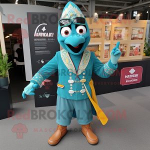 Teal Tikka Masala mascot costume character dressed with a Leather Jacket and Lapel pins