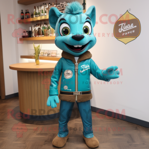 Teal Tikka Masala mascot costume character dressed with a Leather Jacket and Lapel pins
