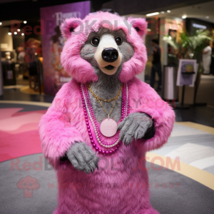 Pink Spectacled Bear mascot costume character dressed with a Evening Gown and Necklaces