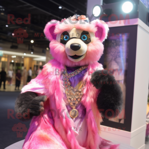 Pink Spectacled Bear mascot costume character dressed with a Evening Gown and Necklaces