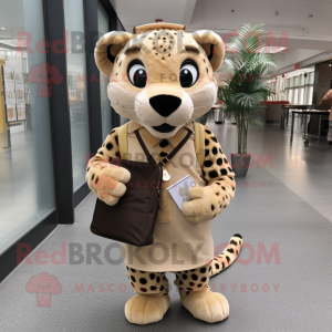 Beige Cheetah mascot costume character dressed with a Pleated Skirt and Messenger bags