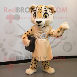 Beige Cheetah mascot costume character dressed with a Pleated Skirt and Messenger bags