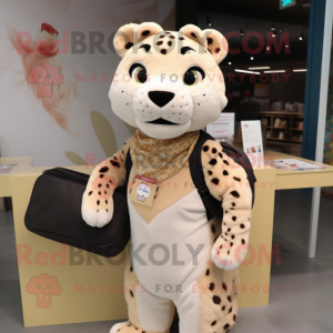 Beige Cheetah mascot costume character dressed with a Pleated Skirt and Messenger bags