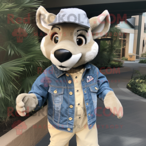 Cream Thylacosmilus mascot costume character dressed with a Denim Shirt and Pocket squares