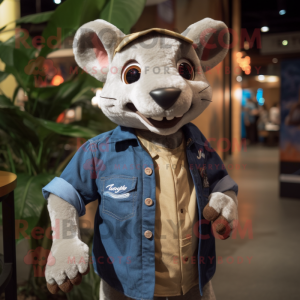 Cream Thylacosmilus mascot costume character dressed with a Denim Shirt and Pocket squares