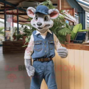 Cream Thylacosmilus mascot costume character dressed with a Denim Shirt and Pocket squares