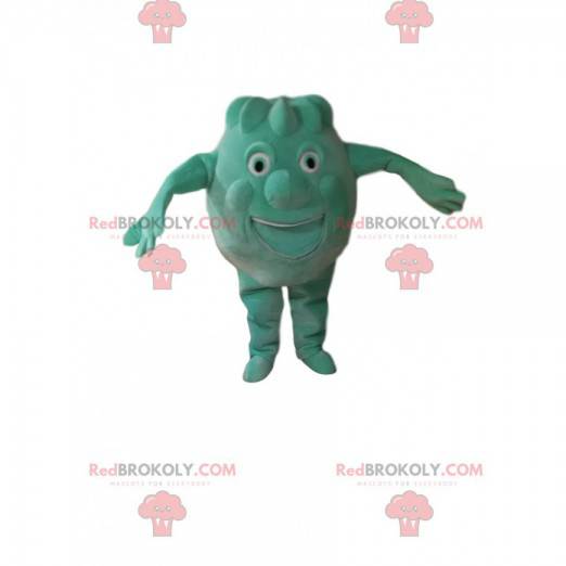 Mascote pequeno monstro verde redondo e engraçado -