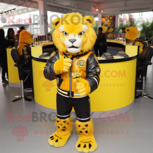 Yellow Saber-Toothed Tiger mascot costume character dressed with a Leather Jacket and Coin purses