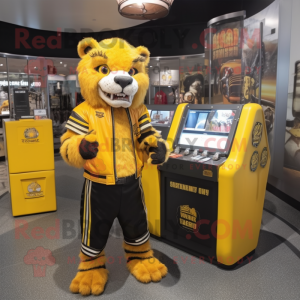 Yellow Saber-Toothed Tiger mascot costume character dressed with a Leather Jacket and Coin purses