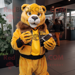 Yellow Saber-Toothed Tiger mascot costume character dressed with a Leather Jacket and Coin purses