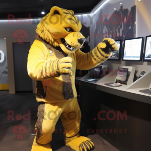 Yellow Saber-Toothed Tiger mascot costume character dressed with a Leather Jacket and Coin purses