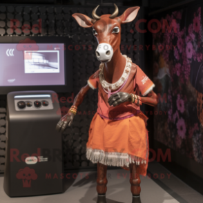 Rust Okapi mascot costume character dressed with a A-Line Skirt and Digital watches