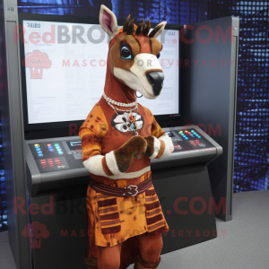 Rust Okapi mascot costume character dressed with a A-Line Skirt and Digital watches