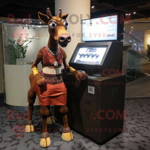 Rust Okapi mascot costume character dressed with a A-Line Skirt and Digital watches