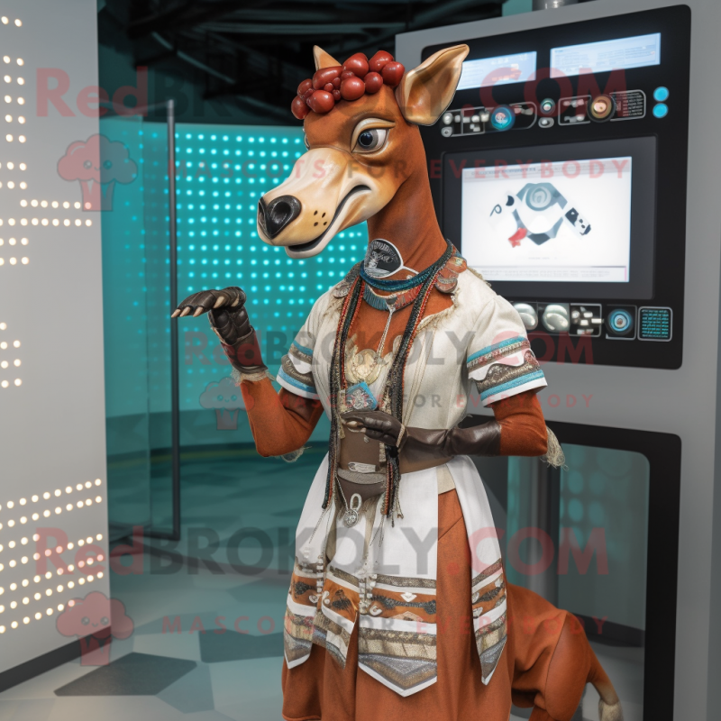 Rust Okapi mascot costume character dressed with a A-Line Skirt and Digital watches