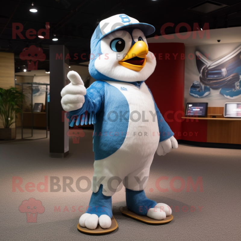 Sky Blue Falcon mascot costume character dressed with a Baseball Tee and Mittens Sky Blue Falcon mascot costume character dressed with a Baseball Tee and Mittens