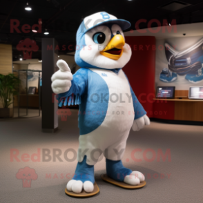 Sky Blue Falcon mascot costume character dressed with a Baseball Tee and Mittens