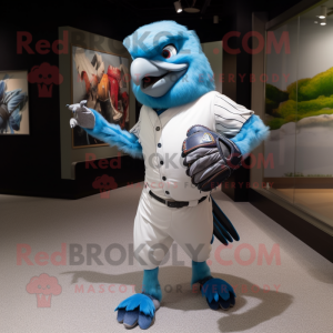 Sky Blue Falcon mascot costume character dressed with a Baseball Tee and Mittens