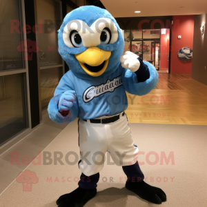 Sky Blue Falcon mascot costume character dressed with a Baseball Tee and Mittens
