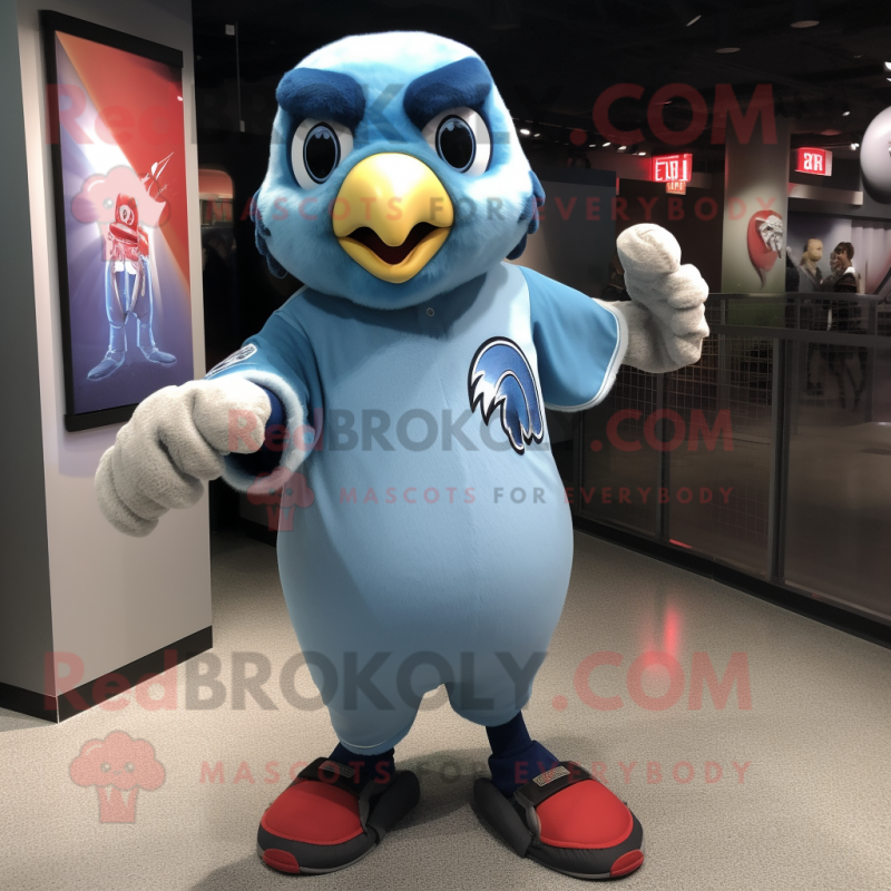 Sky Blue Falcon mascot costume character dressed with a Baseball Tee and Mittens