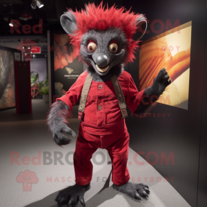 Red Aye-Aye mascot costume character dressed with a Jeggings and Belts