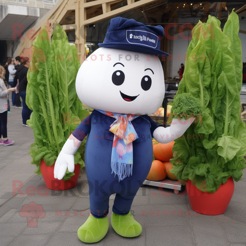 Navy Radish mascot costume character dressed with a Bootcut Jeans and Scarf clips Navy Radish mascot costume character dressed with a Bootcut Jeans and Scarf clips