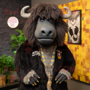 Black Yak mascot costume character dressed with a Sweatshirt and Tie pins