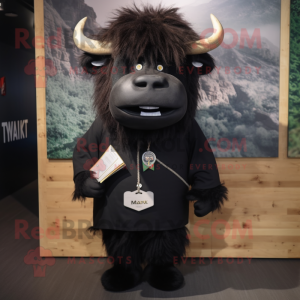 Black Yak mascot costume character dressed with a Sweatshirt and Tie pins