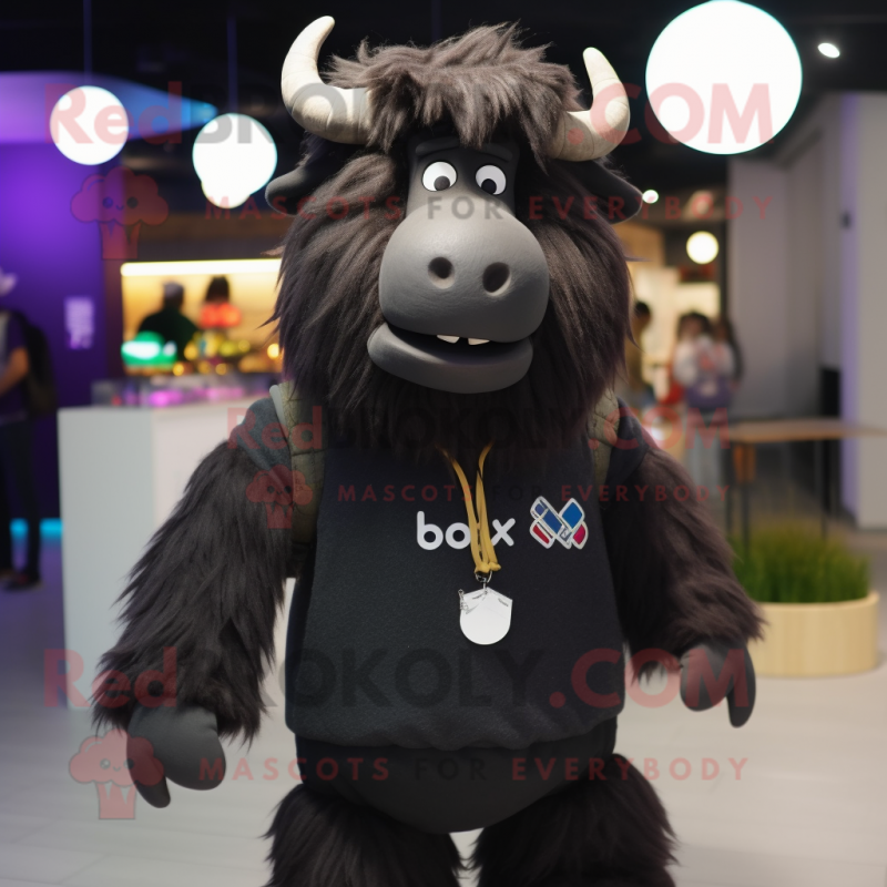 Black Yak mascot costume character dressed with a Sweatshirt and Tie pins