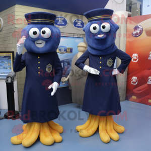 Navy Fried Calamari mascot costume character dressed with a Pencil Skirt and Cufflinks