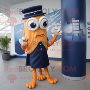 Navy Fried Calamari mascot costume character dressed with a Pencil Skirt and Cufflinks