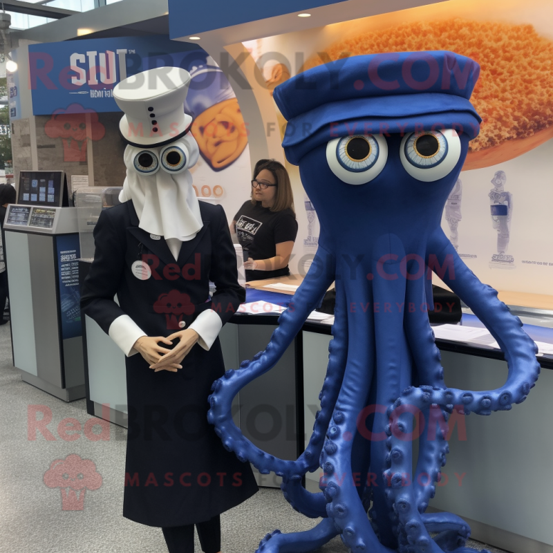 Navy Fried Calamari mascot costume character dressed with a Pencil Skirt and Cufflinks