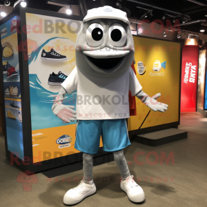 Silver Cod mascot costume character dressed with a Board Shorts and Shoe laces