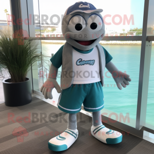 Silver Cod mascot costume character dressed with a Board Shorts and Shoe laces