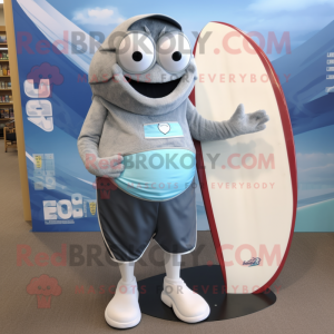 Silver Cod mascot costume character dressed with a Board Shorts and Shoe laces
