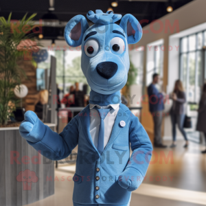 Blue Giraffe mascot costume character dressed with a Henley Tee and Tie pins