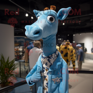 Blue Giraffe mascot costume character dressed with a Henley Tee and Tie pins