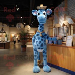 Blue Giraffe mascot costume character dressed with a Henley Tee and Tie pins