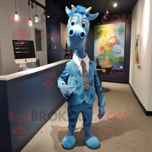 Blue Giraffe mascot costume character dressed with a Henley Tee and Tie pins