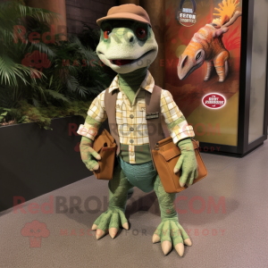 nan Velociraptor mascot costume character dressed with a Overalls and Messenger bags