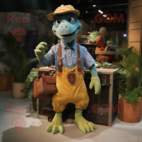 nan Velociraptor mascot costume character dressed with a Overalls and Messenger bags