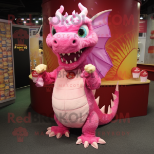 Pink Dragon mascot costume character dressed with a Dress and Coin purses