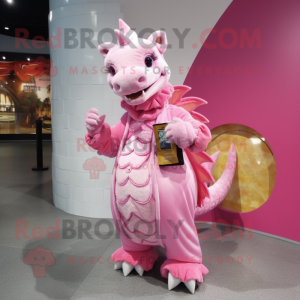 Pink Dragon mascot costume character dressed with a Dress and Coin purses