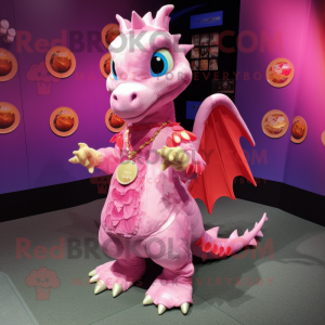Pink Dragon mascot costume character dressed with a Dress and Coin purses