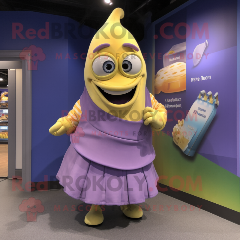 Lavender Banana mascot costume character dressed with a Wrap Skirt and Messenger bags Lavender Banana mascot costume character dressed with a Wrap Skirt and Messenger bags