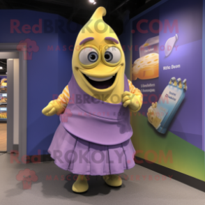 Lavender Banana mascot costume character dressed with a Wrap Skirt and Messenger bags