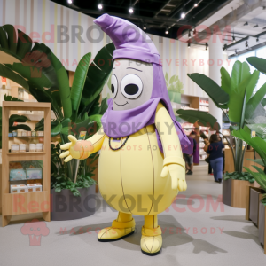 Lavender Banana mascot costume character dressed with a Wrap Skirt and Messenger bags