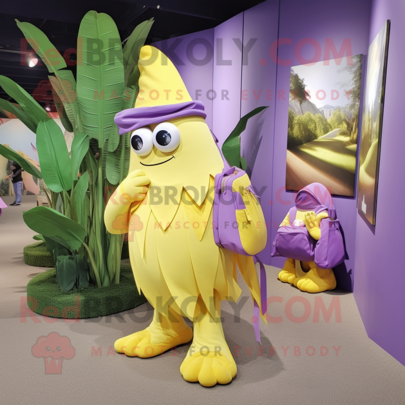 Lavender Banana mascot costume character dressed with a Wrap Skirt and Messenger bags Lavender Banana mascot costume character dressed with a Wrap Skirt and Messenger bags