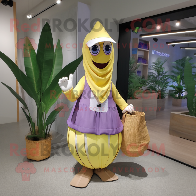 Lavender Banana mascot costume character dressed with a Wrap Skirt and Messenger bags